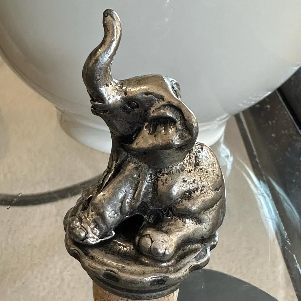 Pewter Cork wine bottle stopper. Elephant with trunk up for good luck